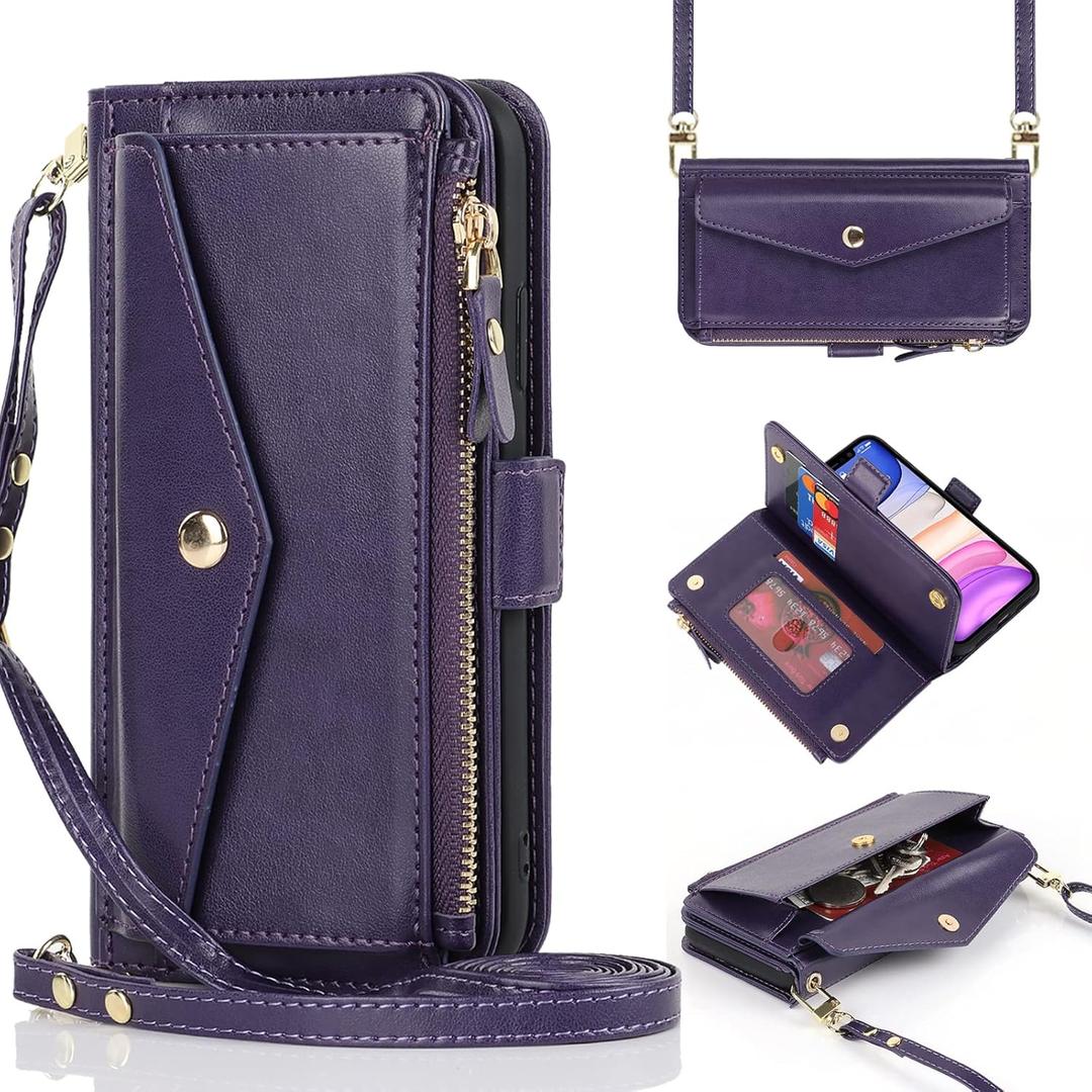 for iPhone 11 pro max Wallet case with Zipper Card Holders for Women,for iPhone 11 pro max Phone Cases Slots Crossbody Flip Folio Book Cover with Credit Card Holder Men case - Purple (for iphone 11 pro amx)