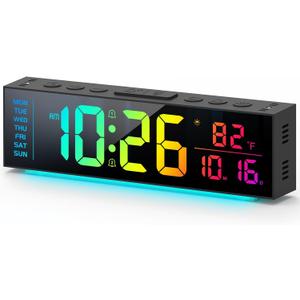 Digital Clock, Alarm Clock for Bedroom, Digital Wall Clocks for Classroom, Living Room Decor, Desk Clock Large Display, 13 Number Display Colors, 12 Ambient Light Colors, Auto Dimming, DST (Black)