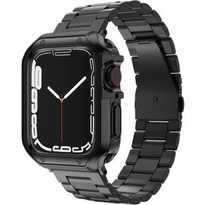 Compatible with Apple Watch Band and Case, Stainless Steel Metal Chain with TPU Cover, Smart-Watch Link Bracelet Strap, Wrist-Band for i-Watch Series 9 8 7 6 5 4 3 2 1 SE, 45mm 44mm 42mm, Black