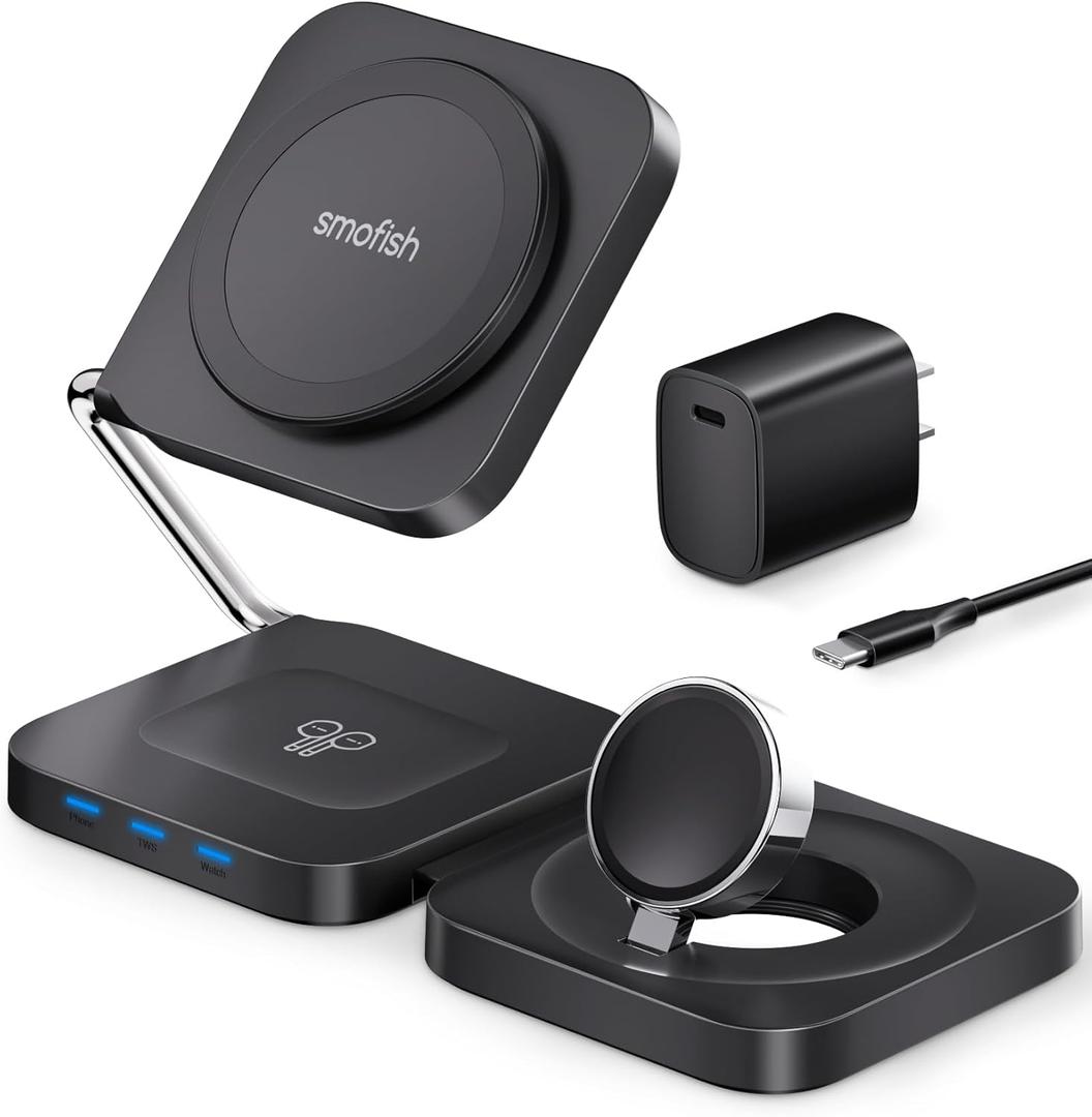 3-in-1 Wireless Charging Station for iPhone 16 15 14 13 12, Airpods, Apple Watch, Travel Charger Station for Multiple Devices, Best Travel Gifts for Men Who Have Everything Black