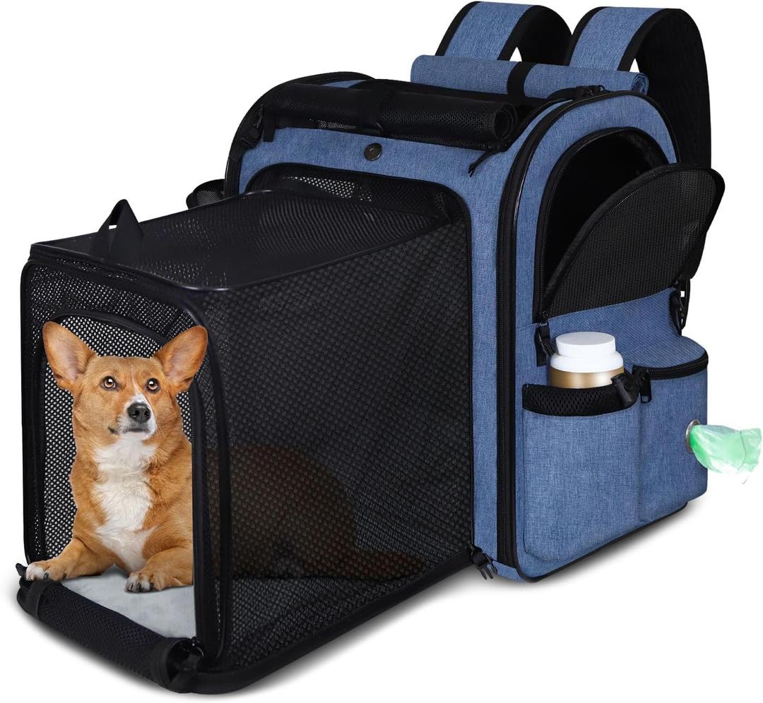 Petskd Expandable Pet Carrier Backpack for Small Medium Dog and Cat, Large Space Fits up to 15 lbs Pet, Foldable Backpack with Safety Lock Zipper and Breathable Mesh for Travel Hiking Camping(Blue)