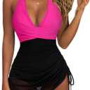SUUKSESS Women Sexy One Piece Swimsuit Tummy Control Bathing Suit Mesh Swimdress (Medium, 126 Hot Pink Black)