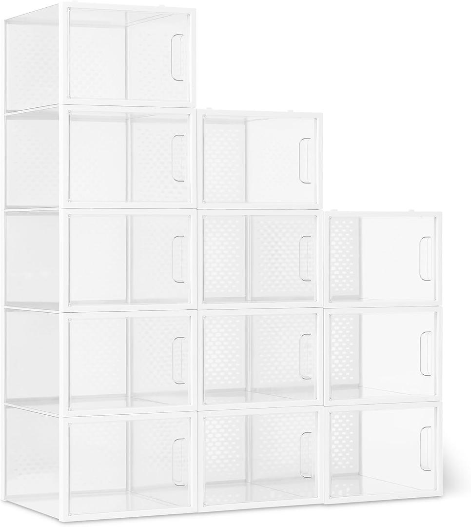 Amazon Basics Stackable and Foldable Clear Shoe Storage Organizer Box, Large, 12-Pack