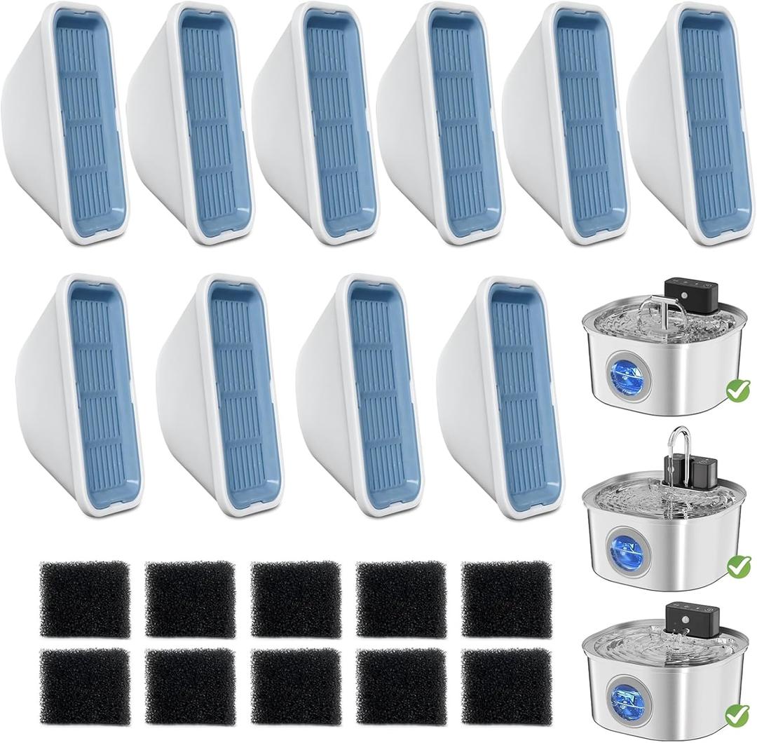 20 Pack Replacement Cat Water Fountain Filters for 108oz/3.2L Stainless Steel Pet Water Fountain 309A/309B/309C, 10 Filters and 10 Pre-Filter Sponges