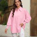 Womens Oversized Button Down Shirts Smocked Cuffed Ruffle Sleeve Boyfriend Blouses Collared Work Casual Top with Pockets (Pink, L)