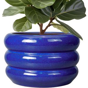 SQOWL Ceramic Plant Pot 13.5 Inch - Large Planter for Outdoor Plants Round Indoor Flower Pot with Drainage Hole Decorative Planter Modern Home Decor Blue