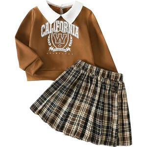 WDIRARA Toddler Girl's 2 Piece Outfit Graphic Sweatshirt Plaid Pleated Skirt Set Preppy Outfits 5