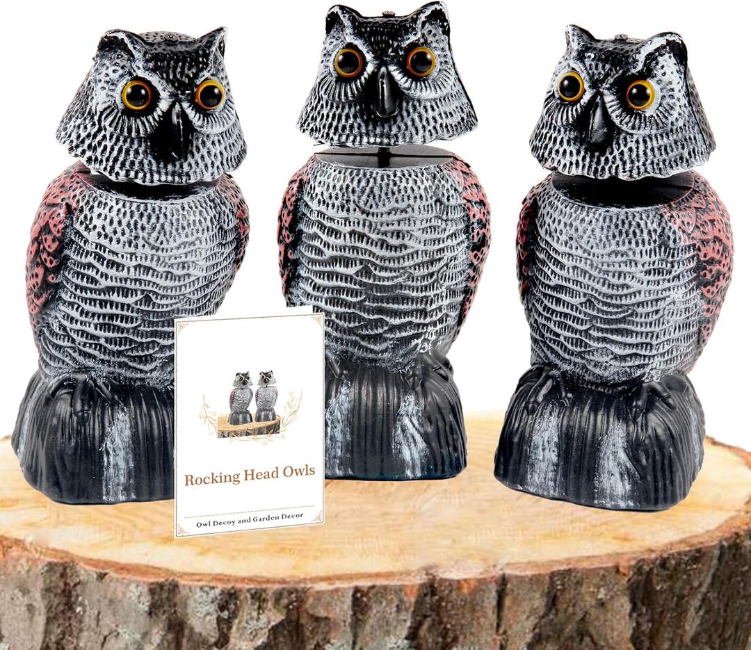BobbleHead Owl Decoys Sculpture to Scare Birds Away, 3-Pack 8.3" Fake Owl Plastic Scarecrow Bird Deterrent, Natural Enemy Repellent, Garden Decor Statues for outside, Patio, Lawn, Yard Decoration