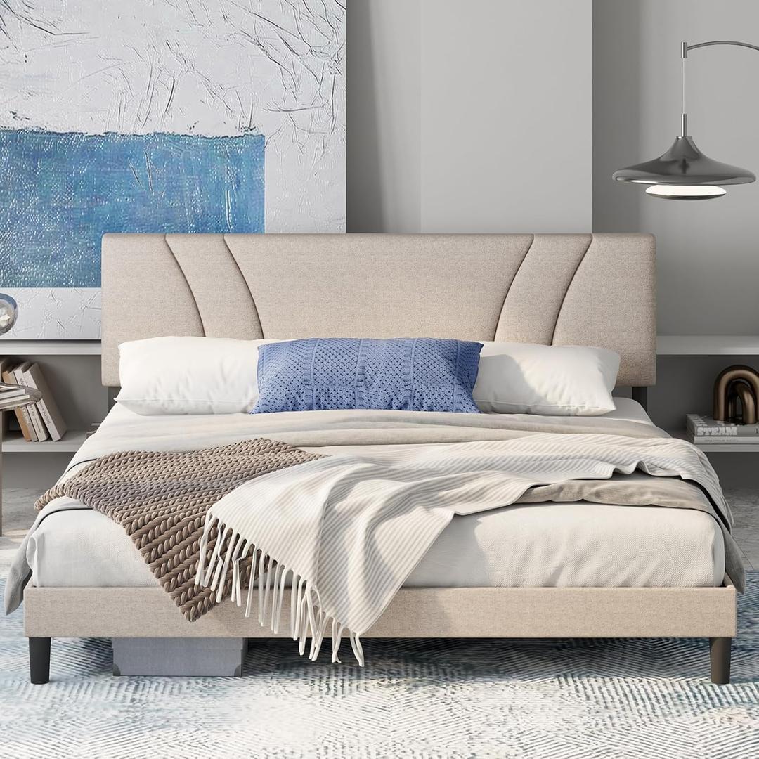 Avenco Queen Bed Frame, Upholstered Platform Bed Frame with Adjustable Headboard, Wood Slat Support, Easy to Assemble,Box Spring no Needed, Beige