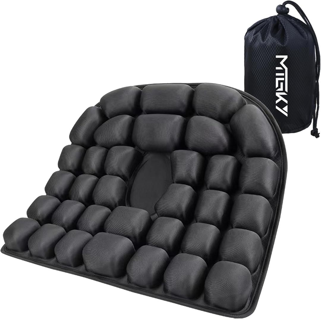 Upgrade Travel Seat Cushion for Airplane,Portable&Adjustable Air Seat Cushion,Coccyx Tailbone Pain Relief Chair Pad,Inflatable Cushion for Wheelchair, Travel,Driving,Office Work (Round+black)
