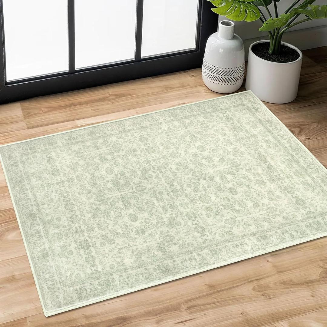 2x3 Washable Rug Soft Area Rug for Entryway, Sage Green Non-Slip Indoor Door Mat Distressed Floral Low-Pile Kitchen Rugs, Neutral Vintage Carpet for Entrance Kitchen Bedside Farmhouse (Light Sage Green and Ivory)