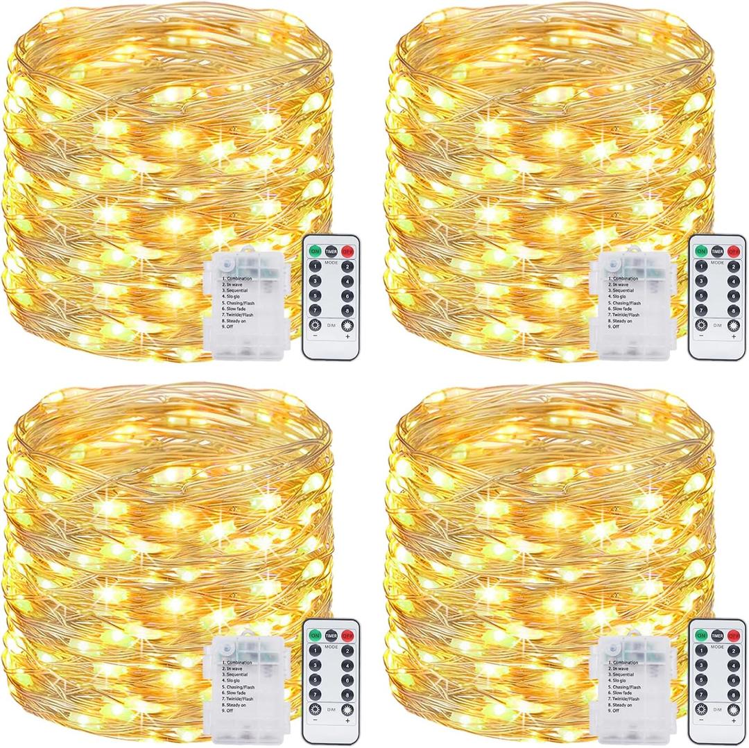 4 Pack Fairy Lights Battery Operated with Remote, Total 480LED 156Ft Battery Powered String Lights with Timer, 8 Modes Waterproof Twinkle Christmas Lights for Bedroom Party Indoor Mason, Warm White