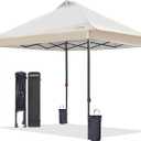 FUNDANGO 10x10 Pop Up Canopy Tent, Beach Canopy Tent, Outdoor Sunshade Canopy with Quick Open Frame, Extra Eave&Wheeled Carry Bag, Silver Coated top, Khaki