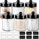 Amolliar Apothecary Jars Bathroom Vanity Storage Organizer Set -Countertop Canister Plastic Acrylic Jar - Farmhouse Decor Qtip Holder for Cotton Swabs,Makeup Sponges,Flossers,Paper Clips-Black (6)