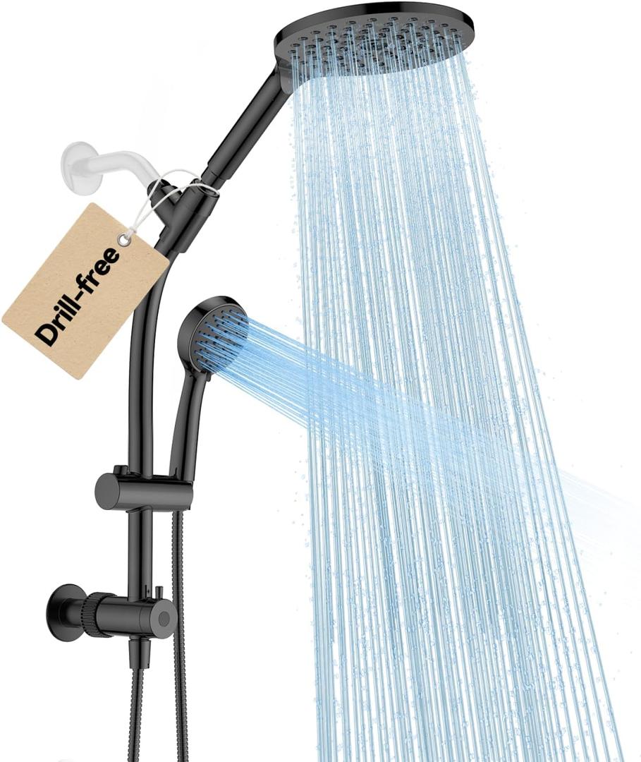Drill-free Dual Shower Head with Handheld Combo Rainfall Shower Head Easy Reach 3-way Diverter Stainless Steel Slide Bar with Height Adjustable Holder Adjustable Rain Showerhead (Black) (Matte Black)