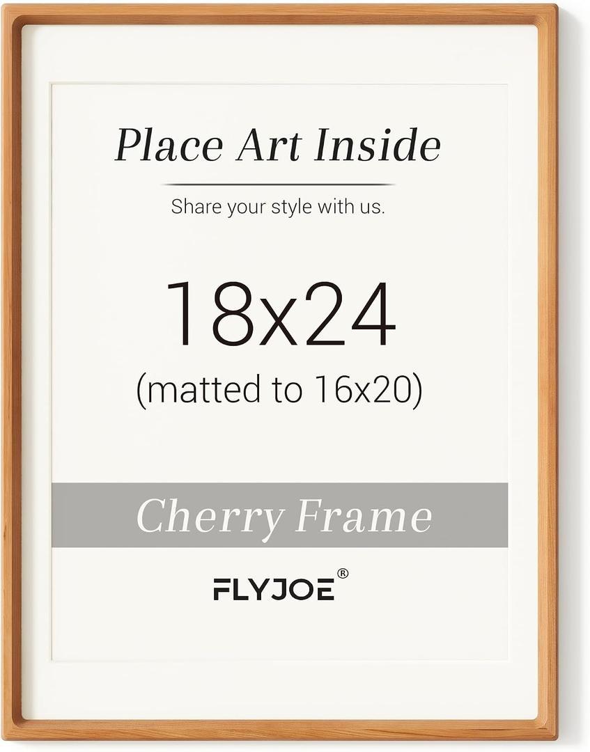 18 x 24 Poster Frame, USA-Sourced Natural Cherry Wood Picture Frame with Tempered Glass, Handcrafted Rounded Corner 18x24 Wooden Frame Matted to 16x20 Photos, Horizontal or Vertical Wall Mounting, 18x24, 1P
