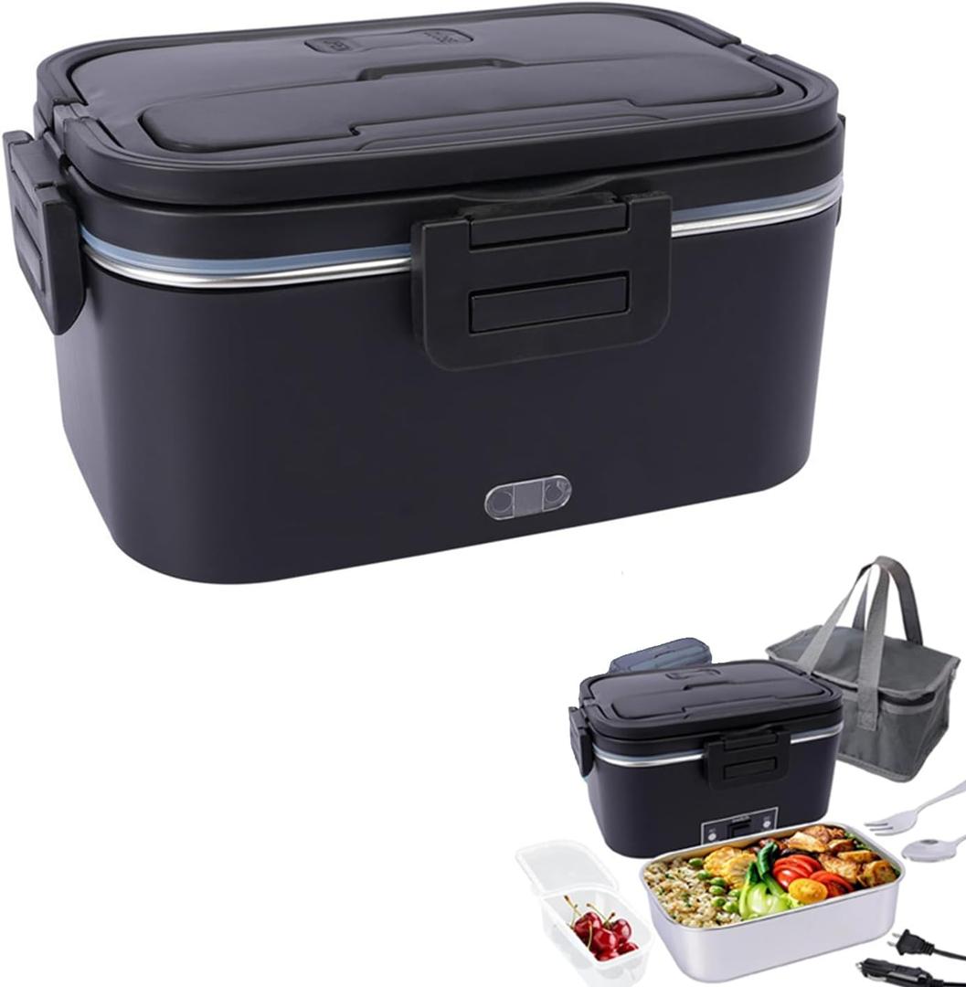 Electric Lunch Box for Adults, 1.8L Portable Heated Lunch Box with Bag for Office, Food Warmer LunchBox with Fork and Spoon for Home Car Truck (Black)