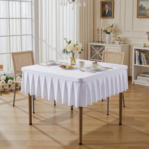 White Spandex Tablecloths for 34x34 Inch Square Tables, Stretch Fitted Table Clothes with Pleated Ruffle Skirt for 34 Table, Wrinkle Free and Elastic, for Party Kitchen Home Dining Outdoor Patio