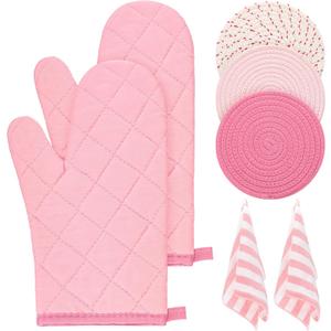 Zubebe Oven Mitts and Pot Holders with Kitchen Towels Set of 7, Valentine Gift for Women Heat Resistant Oven Gloves Hot Pads Kitchen Hand Towels for Cooking Baking(Pink)