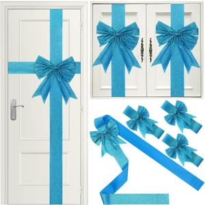 Ganeen 7 Pieces Christmas Cabinet Door Ribbon Bow Large Christmas Festive Ribbons Cabinet Bows Xmas Tree Wreath Bow (Blue)