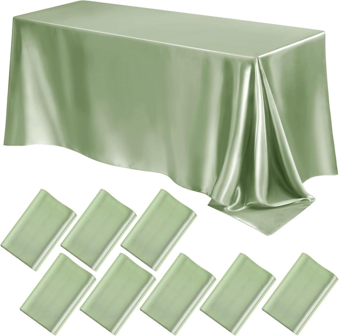 Lounsweer 8 Packs Satin Tablecloth 102 x 58 Inches Rectangle Table Cover Silk Smooth Fabric Party Table Cloth for Rectangle Parties, Holiday Dinner Wedding Banquet Decoration(Green)