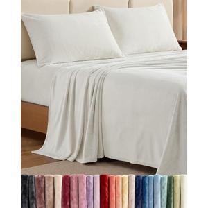 CGK Sheets King Size Set - 4-Piece Velvet Flannel Sheet Set - Ivory Super Soft Fleece Bedding, 1 Flat & 1 Fitted and 2 Pillowcases, Cozy Warm, Comfy & Plush, Deep Pockets, Fuzzy & Anti-Static, Color: 04 - Ivory