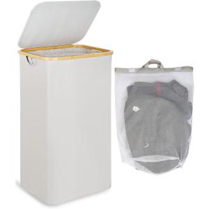 efluky Laundry Basket with Lid and Removable Bag, 100L Tall Laundry Hamper with Bamboo Handles, Aesthetic Dirty Clothes Bin for Laundry Room, Bathroom, Bedroom and Dorm, Light Grey