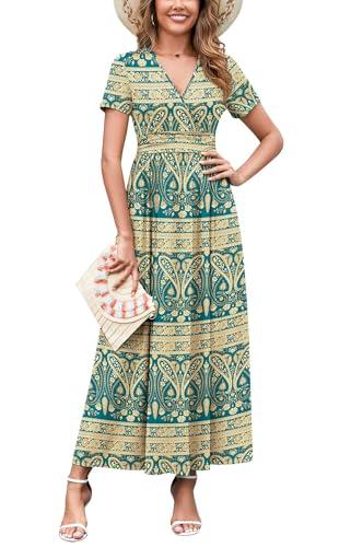 WEACZZY Maxi Dress for Women 2026 Summer V Neck Short Sleeve Swing Sundress Floral Print Formal Beach Vacation Elegant Long Dresses with Pockets, Blue Khaki, XXL