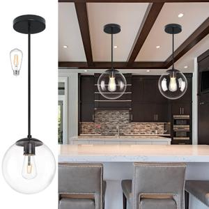 10 Inch Globe Pendant Light Black Mid Century Pendant Light Contemporary Globe Pendant Lights Clear Glass Pendant Lights Adjustable Hanging Light Fixture Clear Glass with Black Finish for Dining Room