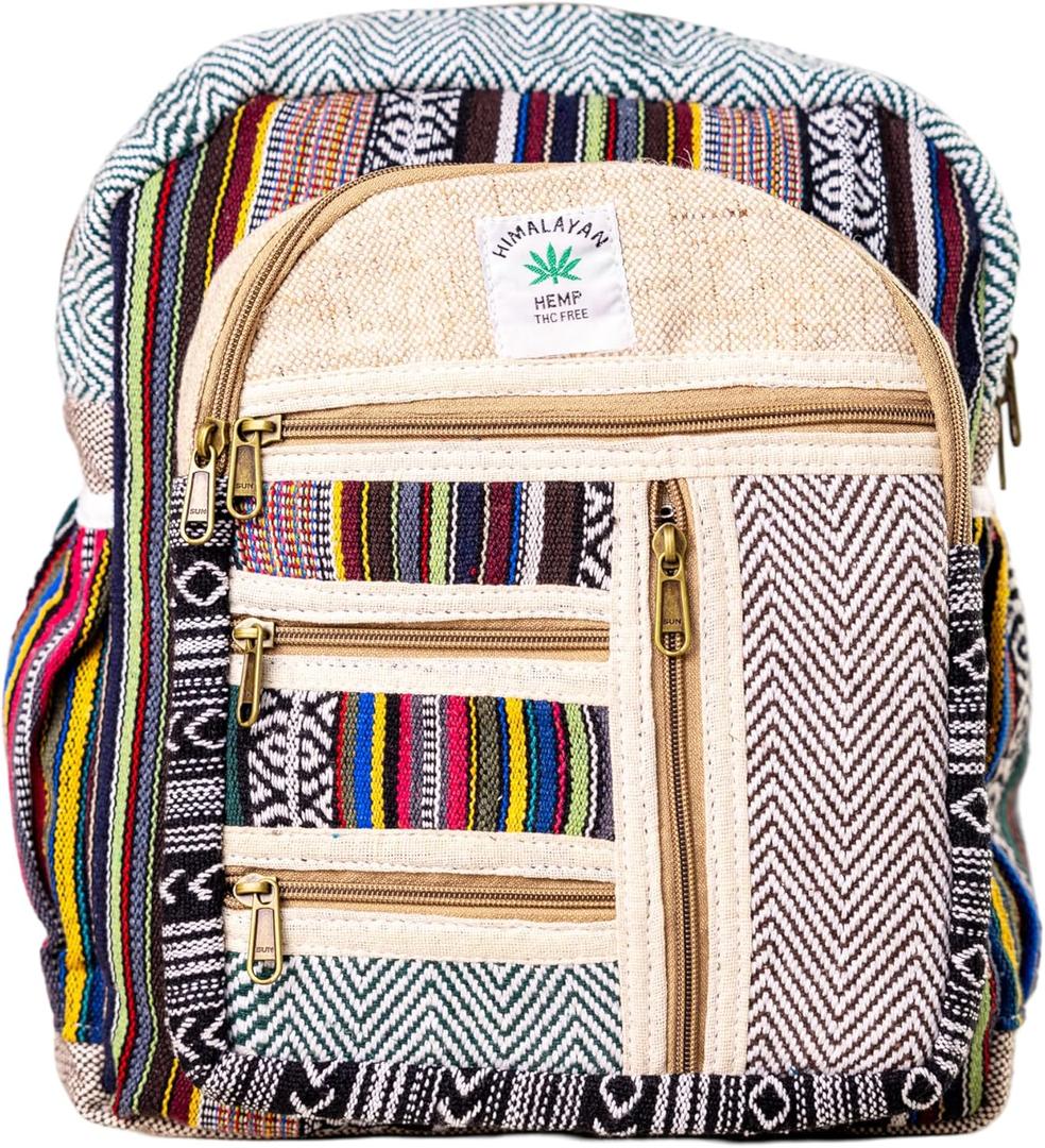 Small Hemp Backpack Lightweight Traveling Backpack Cotton Stripe Nepali Backpack Himalayan Backpack Small Cotton Bag Size: SMALL and COMPACT 13 (Width) X 14 (Height) X 5 (Length) Inche