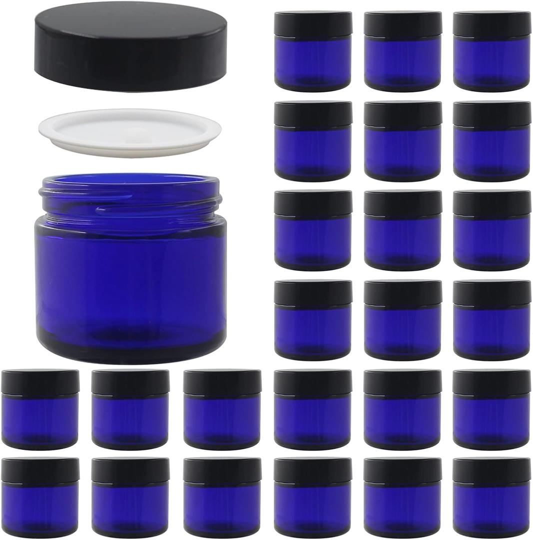 24 Pack 2 oz Round Blue Glass Cosmetic Jars with Inner Liners and Black Lids, Travel Jars, Refillable Containers for Makeup, Cream, Lotion, Sugar Scrubs, Eye Shadow, Slime, Paint, Jewelry
