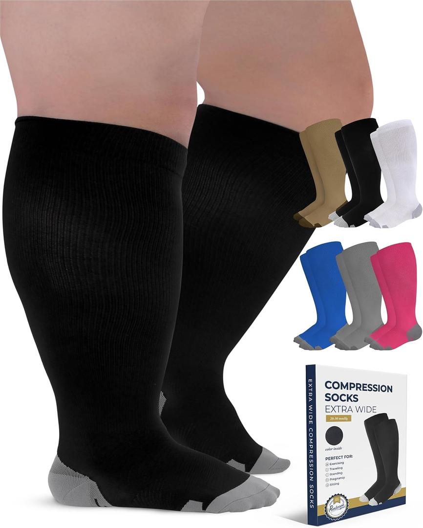 Pembrook Plus Size Compression Socks Wide Calf - Up to 6XL | Black Wide Calf Compression Socks Women Plus Size | Circulation Support (3X-Large)