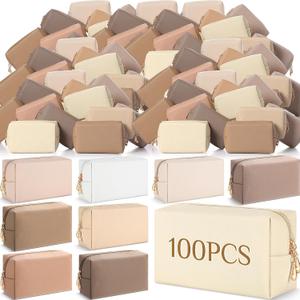 100 Pack Aesthetic Makeup Bags Bulk PU Leather Cosmetic Pouches Waterproof Toiletry Bags Makeup Pouches Bulk for Teen Girls Women Party Gift Travel Storage Back to Teacher Gift (Neutral)