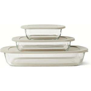 Amazon Basics Glass Baking Dishes with BPA-Free Lids, 6-Piece Set, Borosilicate Glass, Dishwasher and Oven-Safe, Linen Gray