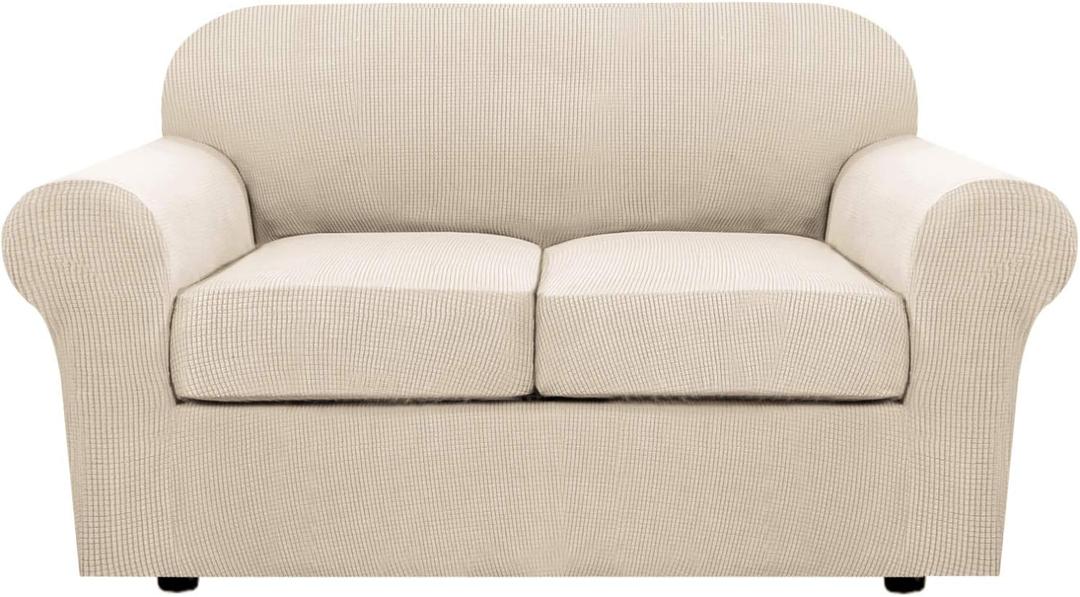 H.VERSAILTEX 3 Piece Stretch Sofa Covers for 2 Cushion Loveseat Couch Covers for Living Room Sofa Slipcovers (Base Cover Plus 2 Seat Cushion Covers) Thicker Jacquard Fabric(Medium Sofa, Natural)