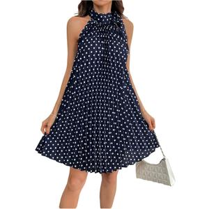 MakeMeChic Women's Polka Dots Halter Dress Tie Sleeveless Pleated A Line Flare Mini Dresses Light Blue X-Small