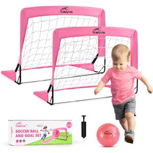 4Pcs Soccer Goals Set 2Pcs Soccer Nets 2x1.5ft 1Pcs Ball 1Pcs Pump Indoor Soccer Nets for Kids with Size 2 Toddler Soccer Ball Foldable Net with Pump Pink Purple for Children Boys Girls