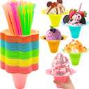 200PCS 8oz Colorful Snow Cone Cups with Spoon Straws,Large Reusable Snack Ice Cream Bowls,Plastic Flower Shaped Shaved Ice Drip Cups for Cookout Food Service Holiday Party Party Summer