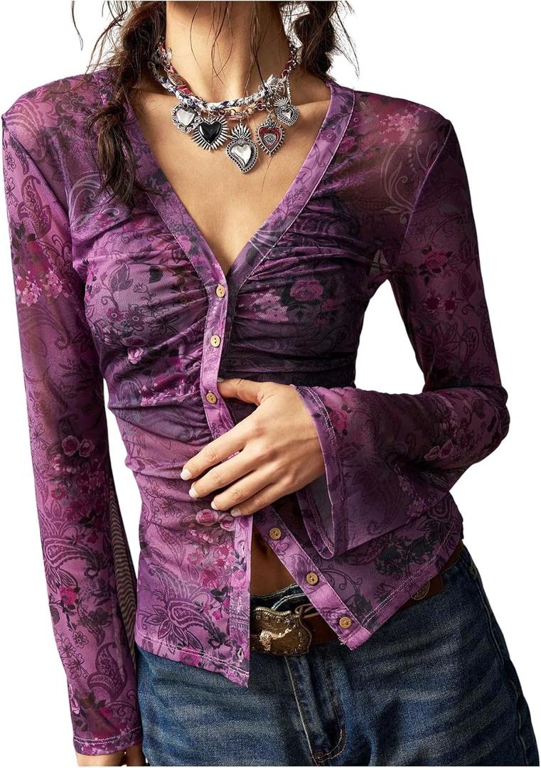 Women's Boho Paisley Button Down T-Shirt V-Neck Vintage Y2K Long Sleeve Fitted Fall Tee Tops (X-Large, Purple)