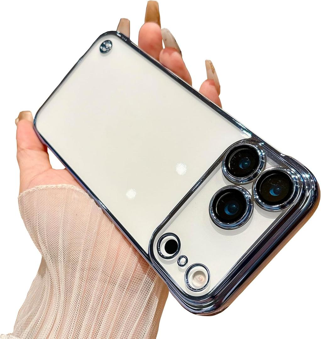 Frameless Electroplated Clear Case for iPhone 17 Pro Max Built-in Camera Lens Protector,Slim Thin High Transparent Hard PC Back Anti-Fall Anti-Fingerprint Phone Cover[Not-Yellowing](Light Blue)