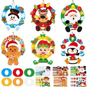 Cinrobiye 24 Set Christmas Wreath Craft Kits DIY Winter Hanging Wreath Ornament Decorations Kit Xmas Snowmen Snowflake Santa Claus Crafts for Holiday Christmas Home Classroom Party Activities Project