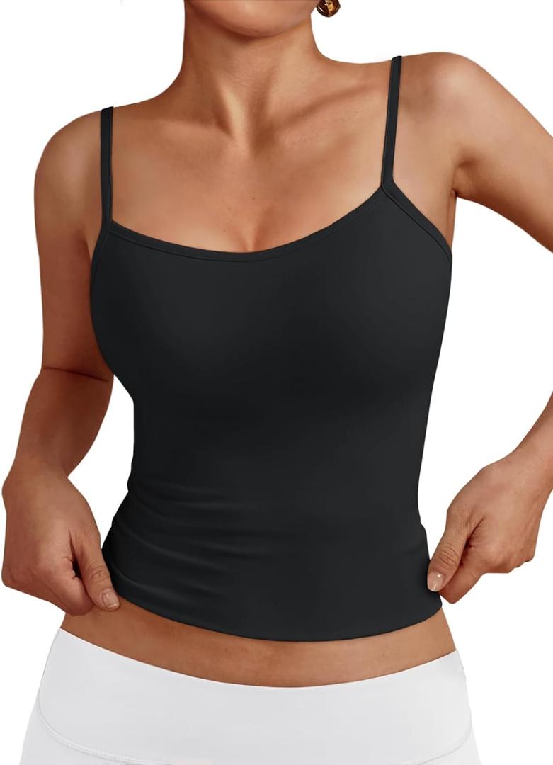 Trendy Queen Womens Adjustable Camisole Sleeveless Square Neck Spaghetti Strap Tank Tops Basic Shirt (Small, Black)