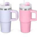 Cosictic 14 Oz Tumbler with Handle and Straw for Kids, Stainless Steel Double Wall Vacuum Insulated Cup for Children, 14 Oz Cups for Kids (Purple, Pink)