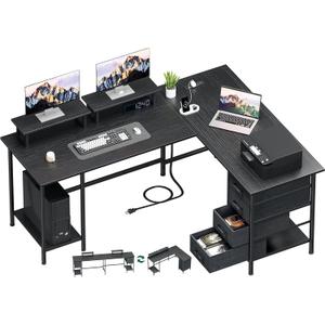 59 inch L Shaped Computer Desk with Power Outlets, Home Office Desk with 4 Adjustable Storage Drawers & 2 Monitor Stands, Two Person Gaming Table for Bedroom, Black