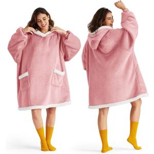 Bedsure Blanket Hoodie, Wearable Blanket Hoodie as Gifts for Mom, Birthday Gifts for Women Kids Teens Sherpa Sweatshirt, Mellow Rose, Small