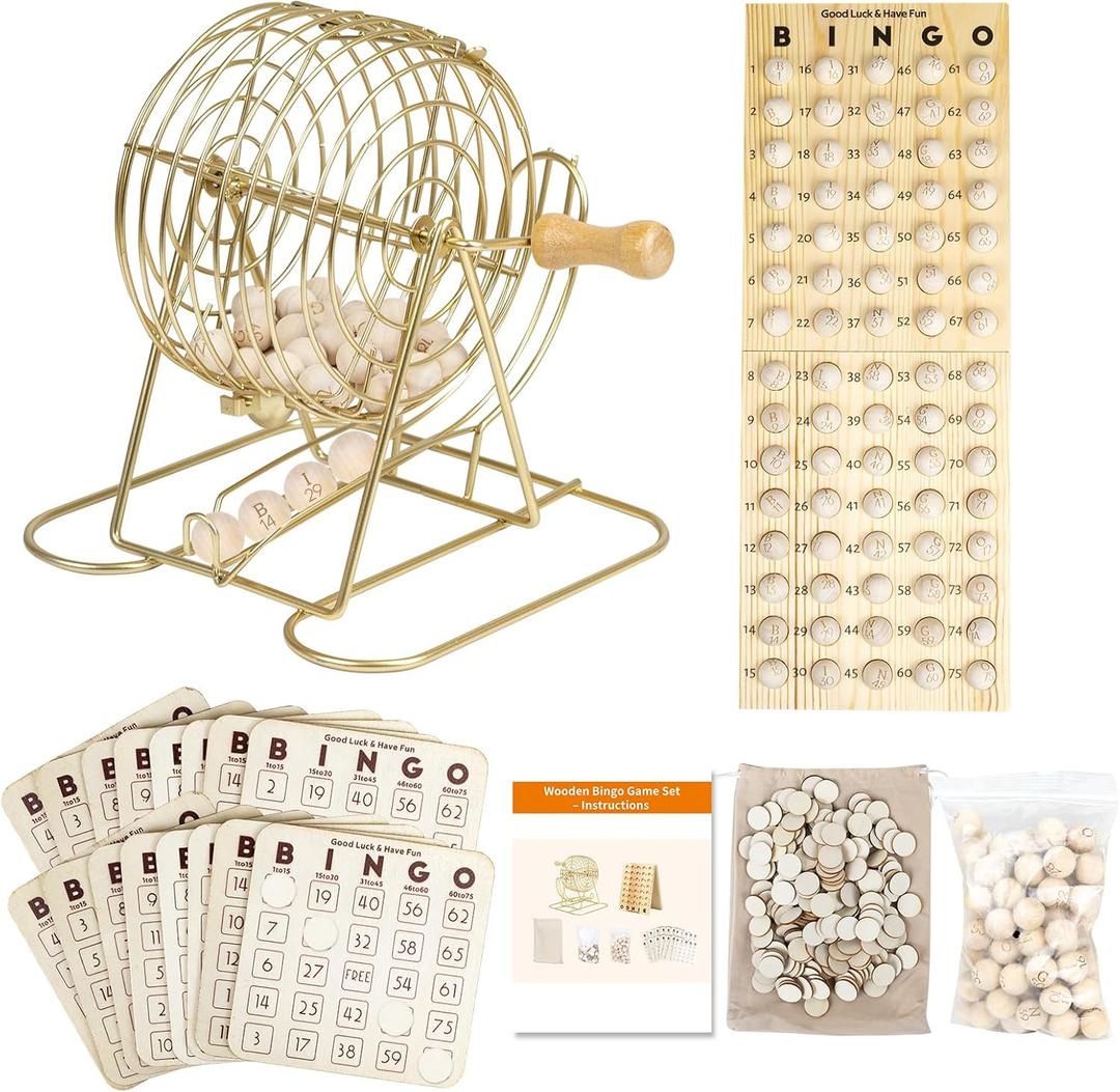 Extguds Wooden Bingo Game Set  Deluxe Bingo Kit with 7in Cage & Wooden Handle,400 Wood Bingo Chips, 15 Solid Wood Bingo Cards & Storage Bag, Master Board, 78 Bingo Balls for Large Groups, Parties