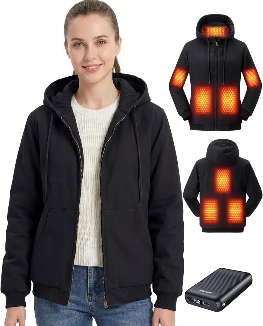 Heated Jackets for Women with 12V 18400mAh Battery, Graphene Canvas Womens Heated Jacket with Hooded for Outdoor Work (Medium, Black)