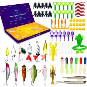 Fishing Bait Kit, 88 Pcs Fishing Tackle Set with Soft Hard Fishing Lures for Freshwater and Saltwater, 24 Days Surprise Fishing Gifts for Teen Boys Man Father Boyfriend Brother