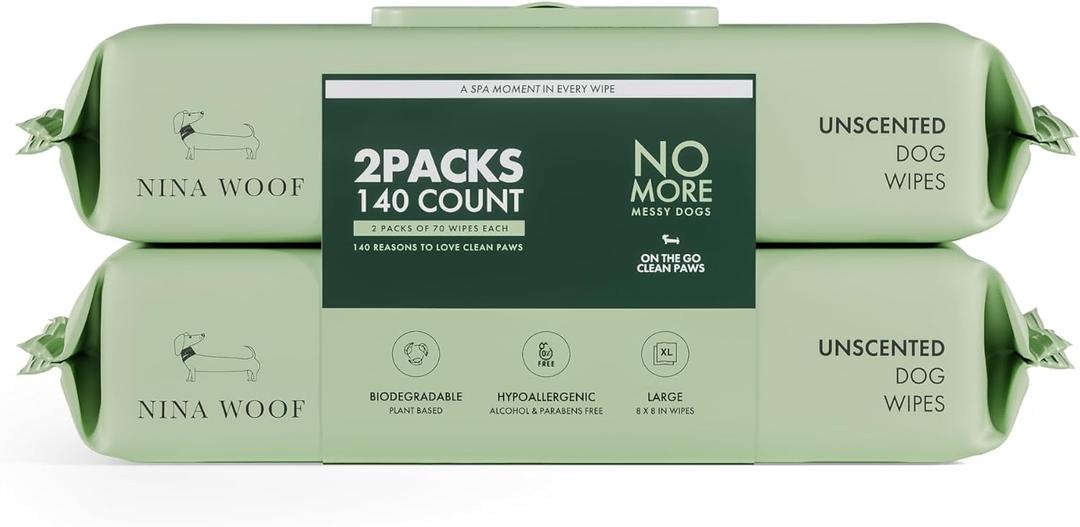 Nina Woof Dog Wipes  Fragrance-Free, Alcohol-Free, Hypoallergenic Pet Grooming Wipes with Aloe Vera, Biodegradable, for Dogs & Cats: Paws, Face, Ears & Butt  2-Pack (140 Count)