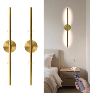 Wireless Wall Sconces Set of 2 20Inch Battery Operated Wall Lights with Remote Control360Rotate Dimmable led Wall Lamps for Living Room and Bedroom (Gold)